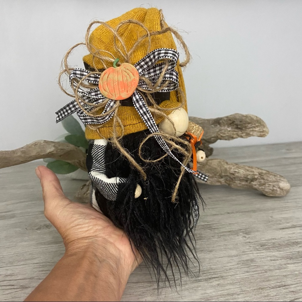 ❌SOLD❌Fall Harvest Gnome Plaid Black White Pumpkin Orange Hay Cottage Handmade - Picture 4 of 11